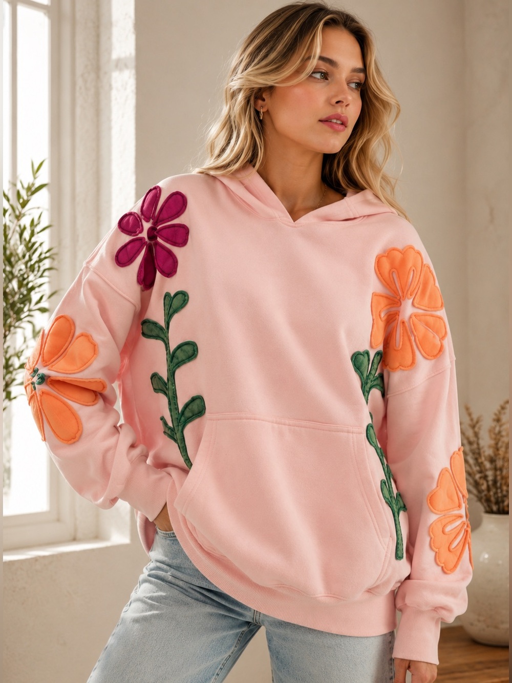Women's Pink Floral Appliqué Hoodie Sweatshirt
